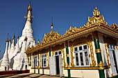 The main white washed stupa inside the cluster of pagodas that make up the Kakku pagoda complex. Shan State, Burma (Myanmar). 